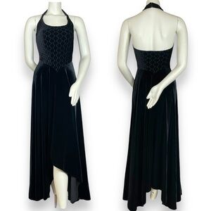 Vintage Cache Velvet Dress Halter Black Asymmetrical Hem Petite Embroidered Prom